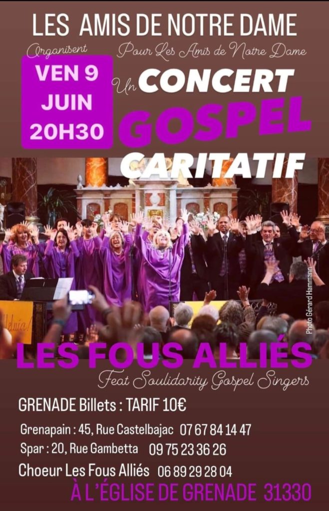 Concert de Gospel 
Vendredi 9 juin 20h30 à l'église de Grenade